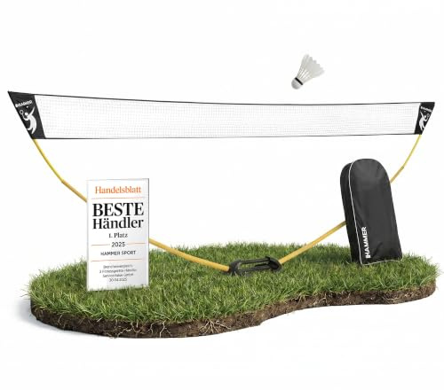 HAMMER Badminton Netz Set - offizielle Netz Höhe, Badminton Set mit Rucksack, Pfostenständer, Courtline und Bodenheringe, Leichter Aufbau, Badminton Netz Outdoor