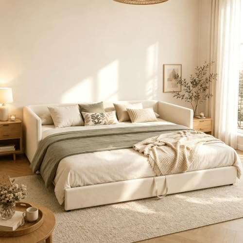 Canapé-lit extensible 90x200 à 180x200 cm, lit banquette rembourré en velours beige avec dossier et accoudoirs, sommier à lattes, cadre métal renforcé, lit enfant ado invité, sans matelas (Beige)