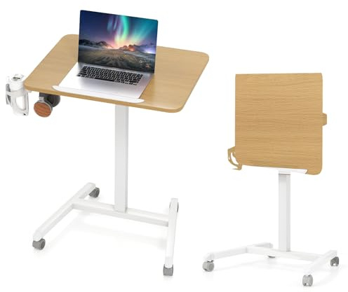GIANTEX Sidobord höjdjusterbart mobilt ståbord med 90° lutande bordsskiva, datorbord med hjul, laptopbord för bärbara datorer med krokar och mugghållare, sängbord, skötselbord