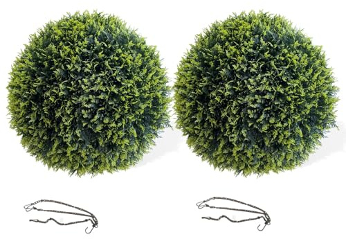 Artificial Topiary Balls, Set of 2 Artificial Cedar Topiary Balls, 48cm Faux Leaf Hanging Ornaments w/Pre-Attached Chain, UVProtected Indoor Outdoor Hanging Decorative Faux Grass Balls