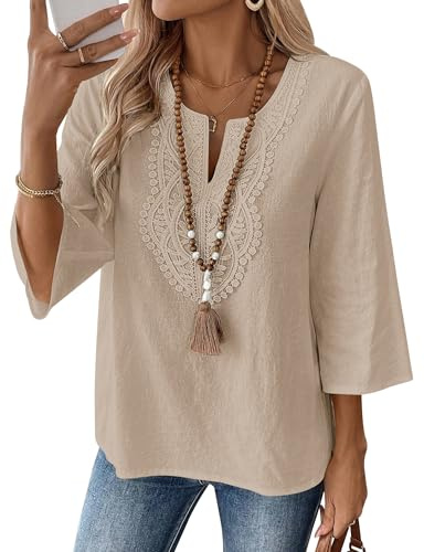 LOMON Womens Summer Tops 3/4 Length Sleeve Womens Tops Dressy Casual Business Work Blouses Cotton Linen V Neck Shirts Vacation Fashion(Khaki,M)