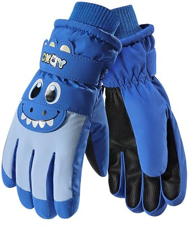 QKURT Children Winter Ski Gloves, Kids Waterproof Anti Slip PU Warm Gloves Sledding Snowboard Skating Thermal Glove Windproof Cold Weather Snow Dinosaur Glove for Girls Boys Age 6-10
