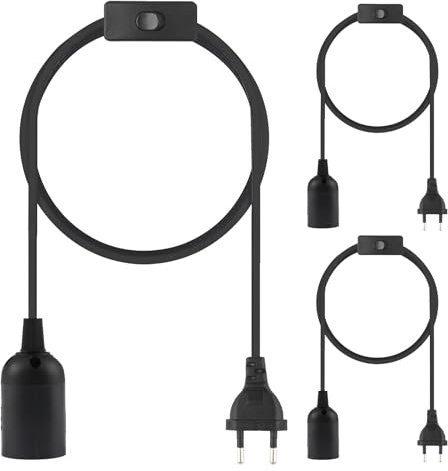 OMIGA Portalampada E27 con Interruttore a Filo Cavo 3 Pezzi Portalampada con Presa Elettrica Lampadario Sospensione Compatibile con Lampadine E27 Nero 3m (Lampadina non Inclusa)