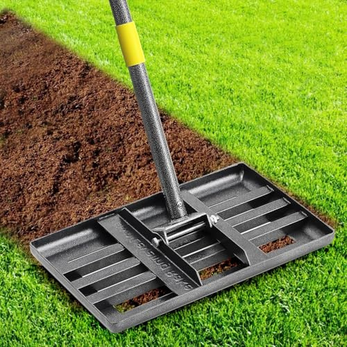 Lawn Leveling Rake, Heavy Duty 43*25 cm Curved Ground Plate, 147 cm Long Handle Lawn Leveler Tool Landscape Rake for Compost Soil Dirt Sand Grass Peat Moss