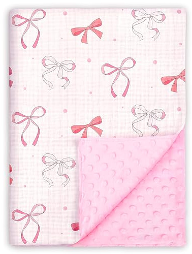Baby Blankets for Girls, Pink Bow Soft Nursery Minky Blanket with Muslin Cotton Front and Dotted Fleece Backing Lightweight Bed Throw Blanket 30 x 40 Inches