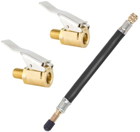Wootap 2 portabrocas de latón para válvula de neumático y 1 tubo de extensión de válvula de neumático de 200 mm, juego de adaptadores de inflador de neumáticos, clip de bomba de aire para coche