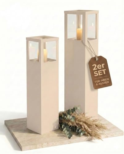 BENTSON Windlichtsäule Schattenweiß Design I 2er Set I Deko-Säule für Garten im Industrial Design I Garten Windlicht für draußen und drinnen I Laterne draußen I Eckig I 95cm + 75cm