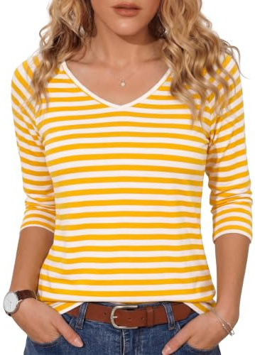 Terecey Camiseta Rayas Mujer Cuello en V Manga 3/4 Elegante y Cómoda Camisetas Casual Tops Holgados Marinera