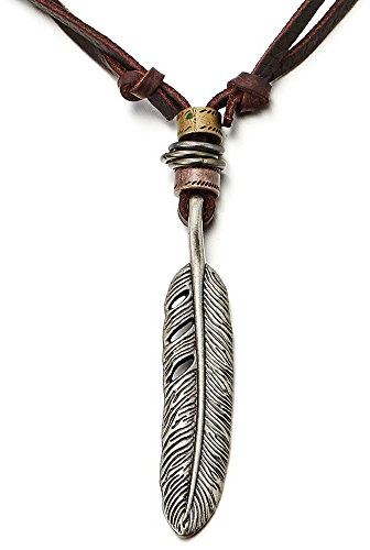 COOLSTEELANDBEYOND Stile Retrò, Piuma Ciondolo, Collana con Pendente da Uomo Donna, con Cavo in Marrone Pelle Regolabile
