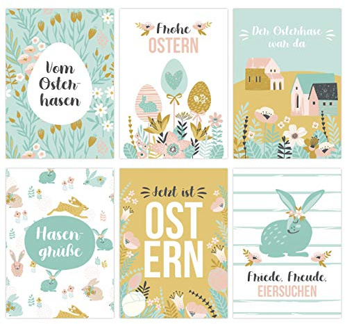 Papierdrachen 12 tarjetas de Pascua para coleccionar y enviar – Tarjetas postales cuidadosamente diseñadas primavera turquesa – Tarjetas de felicitación Set 12 – Pascua 2021