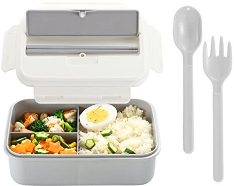 Bento Lunch Boxes, Leakproof Bento Boxes for Kids Adults, Food Boxes with 3 Compartments/Fork Spoon and Chopsticks, BPA Free, Microwave and Dishwasher Safe Meal Prep Containers ( Grey-White)