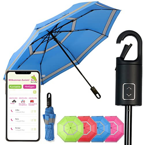 Quick Safety® wander- trekking-Regenschirm taschenschirm herren-damen-schirm jungen-regenschirm auf-zu-automatik sturmfest reflektierend Karabinerhacken-Griff-Design (azur blue)