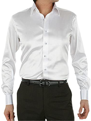 Chemise en satin pour homme - Coupe régulière - En soie brillante - Style décontracté - Sans plis - Blanc - Taille 3XL
