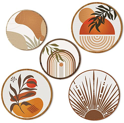 Qunclay 5 Pcs Wall Art Decor Wooden Living Room Wall Decor Bohemian Hanging Farmhouse Geometric 10'' and 8'' Aesthetic Wood Minimalist Posters for Bedroom(Boho)