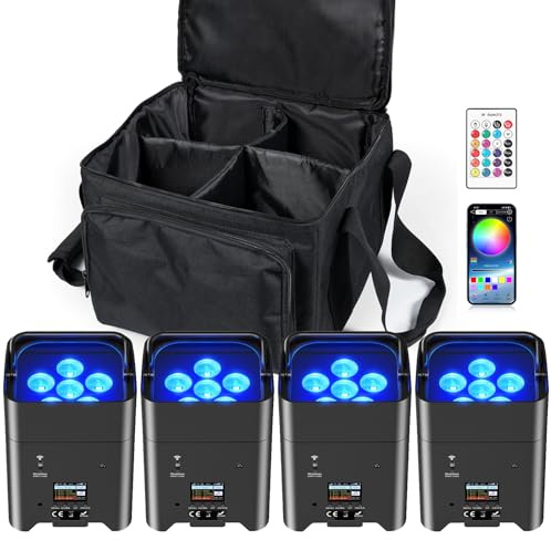 PUZILOZA 4PCS Akku led par licht mit Tasche/Fernsteuerung/APP, RGBWA+UV Akku led par Strahler wiederaufladbarer Batterie DMX-Bühnenlicht discolicht für dj Party Konzert Hochzeit Geburtstag