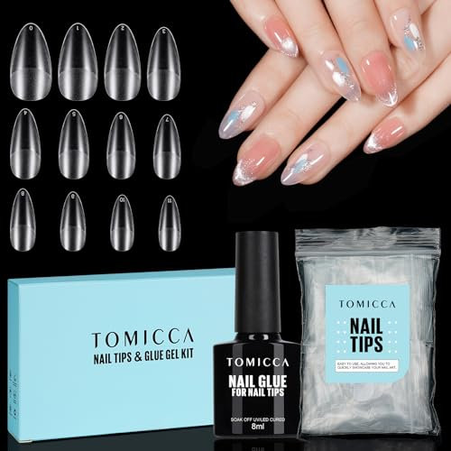 TOMICCA Almond Moyen Capsules Ongles avec Colle Kit, Full Cover Soft Gel Tips & 8ML 4 en 1 Colle Faux Ongles, Transparent Capsule Americaine Ongle pour Diy Nail Art, 120 Pièces 12 Tailles
