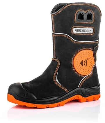Buckbootz BUCKLER BVIZ5 Black Orange Hi Visibility 360 Reflective Waterproof Full Safety Rigger Boot with Ankle Protection & Pull On Handles