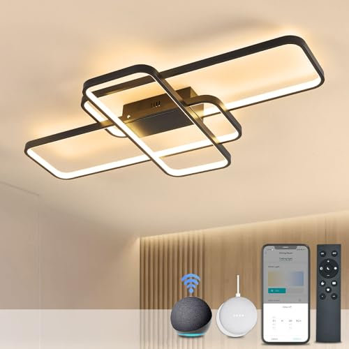 Smart LED Deckenleuchte with Matter, Kompatibel Mit HomeKit, Alexa, Google and IFTTT, 70W 8400LM Deckenlampe Schwarz Mit Fernbedienung, 3000K-6000K Alexa Deckenlampe Für Schlafzimmer Wohnzimmer 90CM