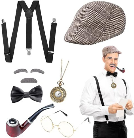 DIKARIYA 20er Jahre Opa Kostüm, Sherlock Holmes Detektiv Kostüm Zubehör mit Hut Elastischer Y-Rücken Hosenträger Fliege Bart Augenbrauen Brille Accessoires für Halloween Kostüm Herren Maskerade Party