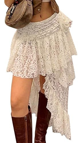 ORANDESIGNE Donna Y2K Vintage Gonna Lunga Pizzo Trasparente Irregolare Midi Boho Floreale Spacco con Volant Maxi Estate da Spiaggia