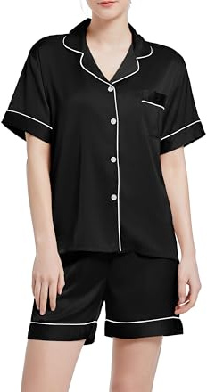 Xuepelit Pijamas de Mujer Satén Verano Corto Mujer Pijama Seda con Botones 2 Piezas Set