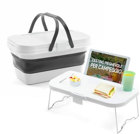 Cesta Picnic Pieghevole con Piano d'Appoggio - Cestino Pieghevole per Spiaggia e Campeggio, in Polipropilene, 16L, Bianco e Grigio, 47.3x9-24.5x29cm