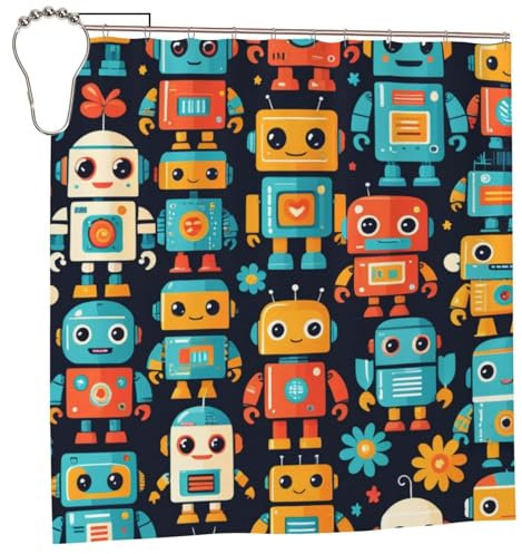 ZHANLEI Cute Cartoon Robots Printed Shower Curtain,Heavy Duty Thick Fabric Curtains for Bathroom Décor Curtain Set with 12 Iron Hooks,72x72 in