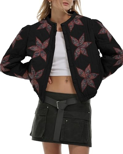 Gacaky Women's Lightweight Floral Embroidered Cropped Quilted Jacket Winter Warm Button Down Puffer Jacket Coat with Pockets Black S