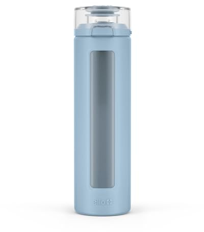 Ello Syndicate 20oz Reusable Glass Water Bottle with One-Touch Leak Proof Flip Lid, Protective Non-Slip Silicone Sleeve, Carry Loop for Coffee, Tea and Water, BPA-free, Dishwasher Safe, Tech Blue
