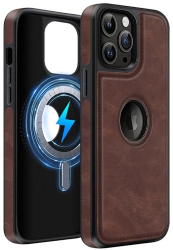 MOBESV Leather Case with Logo View for iPhone 13 Pro Max 6.7-Inch, Phone Case compatible with MagSafe, Slim Classic Elegant Magnetic Phone Cover, Dark brown