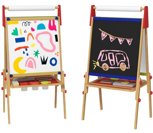 AIYAPLAY 3-in-1 Kindertafel höhenverstellbar, doppelseitige Kinder Staffelei mit Ablage, Staffelei mit Farbbecher, Radiergummi, Zeichenpapier, für Kinder 3-8 Jahre, Naturholz