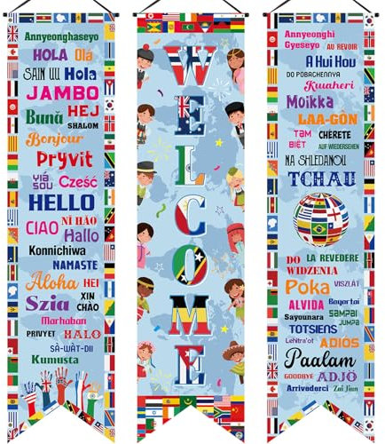 Outus 3 Stück Weltflaggen-Banner, Flagge, Dekoration, Willkommensbanner, Veranda-Schild, Länderflaggen für internationales Partyzubehör auf der ganzen Welt, Sportveranstaltungen, Club, Klassenzimmer