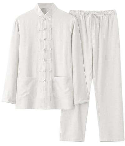 Chemise en lin pour homme Style chinois Tenue en lin Chemises + Pantalon en lin 2 pièces Kungfu Tenue Hommes Tai Chi Vêtements Respirant Costume Kungfu Coupe droite, Blanc., XL