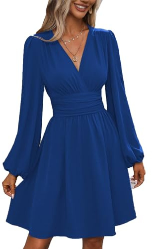 UUAISSO Vestito Casual da Donna Manica Lunga Vita Alta A Line Abiti Avvolgenti Scollo a V Midi Dress Blu S