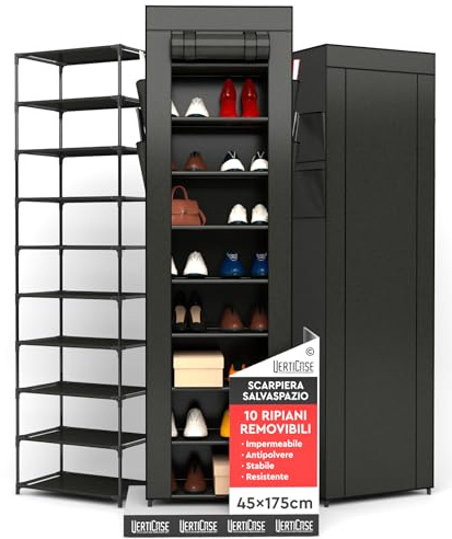 VertiCase Scarpiera Slim Salvaspazio 10 Ripiani in Tessuto Impermeabile Nera 45x175x28cm - Scaffale Scarpe Verticale con Copertura Antipolvere - per Scarpe Sportive Tacchi Alti da Interno o Esterno