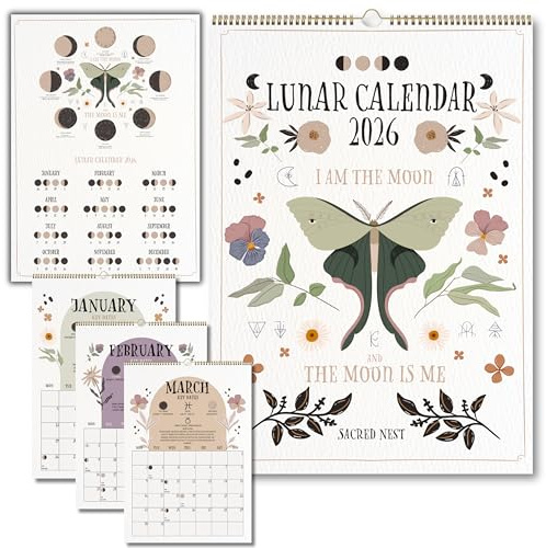 2026 Lunar Calendar | Luna Moth Witches Calendar 2026 - Embrace Moon Magic & Astrological Events | 13 Page Moon Phase Wall Calendar | 12 Month A4 Witchy Décor, With Matching A4 Lunar Art Print