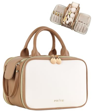 Prite Travel Makeup Bag Women’s Large Capacity Waterproof Cosmetic Organizer Portable Open Flat Toiletry Case with Free-standing Brush Holder and Handle(Beige Brown Medium)