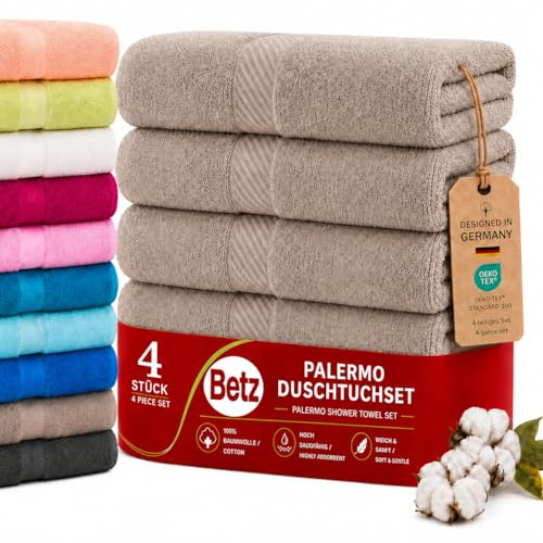 Betz 4 Stück Duschtücher Set Palermo Größe 70x140 cm 100% Baumwolle Badetuch Duschhandtuch Sporthandtuch Farbe Stone