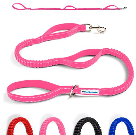 Shed Defender Shock Absorbing Bungee Leash - Three Padded Traffic Handles, Designed in the USA, Stretches 4-7ft, Elastic Dog Leash, Reflective Stitching, Large Dog & Small Breed, Heavy Duty, Pink