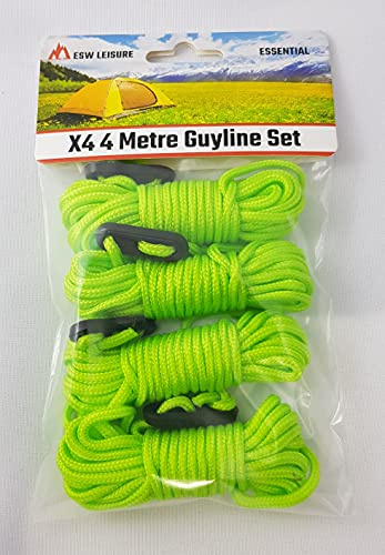 ESW LEISURE Guyline rep 4-pack för tält markis camping stark lätt paracord kille rep med spännare kille linjer fiske paraply skydd husvagn lusthus (lysande grön, 4 meter XL 4-pack)