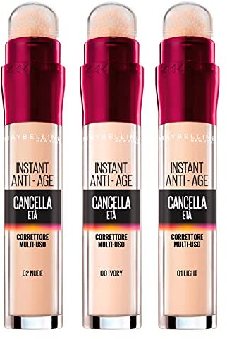 3x Maybelline New Tork Correttore Liquido il Cancella Età Colori 00 Ivory, 02 Nude e 01 Light con Bacche di Goji e Haloxyl