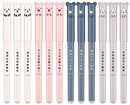 THETAG 12 Stück Gelschreiber Kugelschreiber, 0.35mm Gelschreiber Schwarz Radierbar, Kawaii Gel Stift Kugelschreiber, Cartoon Tier Schweine Panda Löschbaren Gelstift für Kinder, Studenten, Erwachsene