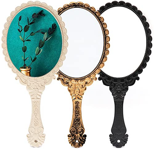 Forreen Handspiegel mit Griff, 3 Stück Schminkspiegel Retro Muster Nostalgie Chic Tragbar Oval Exquisit Kosmetikspiegel für Damen Frauen Mädchen Reisen Home Office