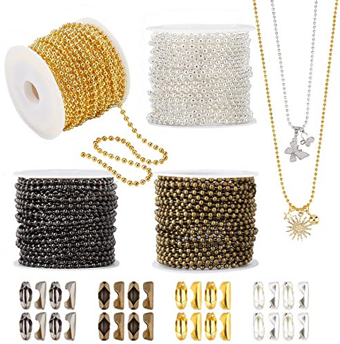 PH PandaHall 36m Chaîne de perles boule, 4 couleurs 2.4 mm Perle Chaîne Chaînes de collier perlé Chaînes de traction réglables avec 120 fermoirs pour étiquette de chien Porte-clés Collier Bijoux