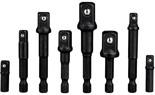 Bestgle Stecknuss-Adapter Set Sechskant auf 1/4, 1/2, 3/8 Vierkant, für Bohrmaschine und Akkuschrauber, Aufstecken ohne Verkanten, Steckschlüssel Nüsse und Stecknüsse, 8 stück, Bit-Halter schwarz