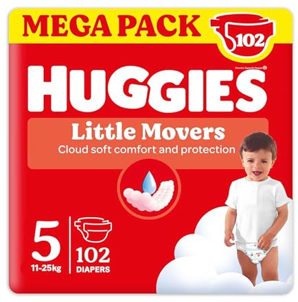 Huggies Little Movers, Pannolini Taglia 5 (11-25 Kg), Design Disney, Ultra assorbente, Pacco Scorta, 102 Pz