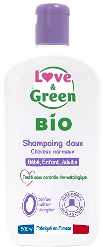 Love & Green Shampoo delicato certificato biologico senza profumo senza solfati, bambino adulto, 500 ml