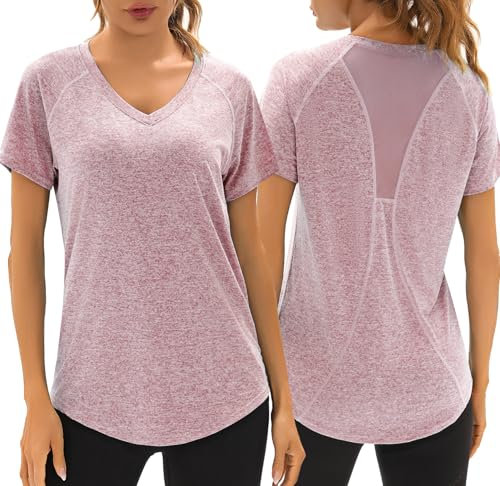 Wayleb Sportshirt Damen Kurzarm, V-Ausschnitt Sport T-Shirt Leicht Atmungsaktiv Funktionsshirt Laufshirt Trainingsshirt Back Mesh Locker Lang Fitness-T-Shirt Sportoberteile, Hellrosa-lila XXL