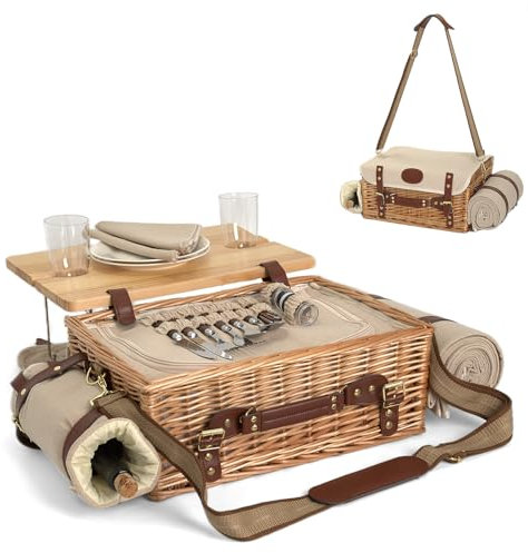 Multifunktionales Picknickkorb-Set aus Weidengeflecht für 2 Personen mit Decke und Picknicktisch, isoliertes Picknick-Set mit vollem Geschirr für Camping, Outdoor-Paare, Natur