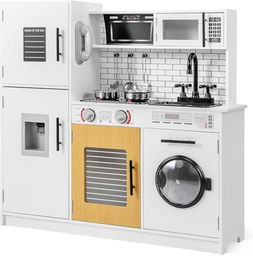 FANTASK Cuisine pour Enfants avec lumière et Son, Cuisine de Jeu en Bois avec Four, Micro-Ondes, téléphone Distributeur d'eau pour garçons et Filles à partir de 3 Ans, Cuisine Jouet Incluse